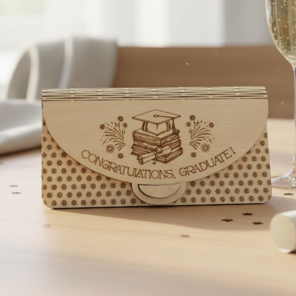 Holz‑Umschlag „congratulations“ – Geldgeschenk & Gutscheinhalter für Abschluss, Abitur, Bachelor, Master